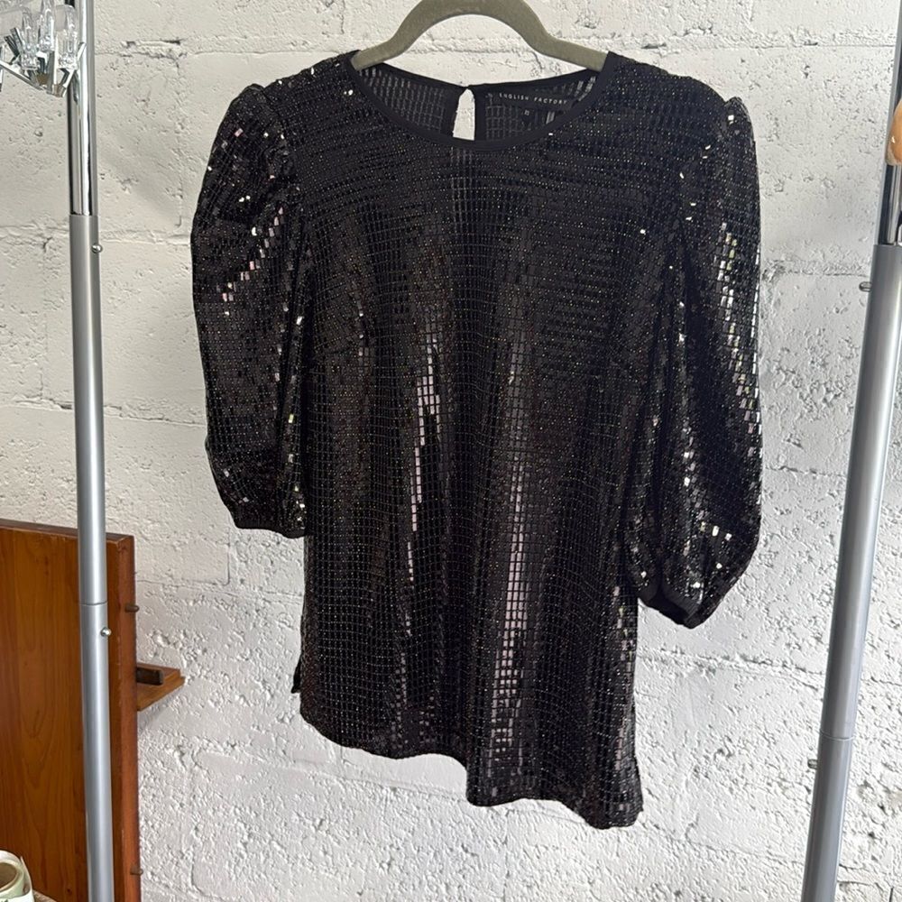 Black Sequin Top - Puffed Sleeves - Size X Small - Like New - ENGLISH FACTORY